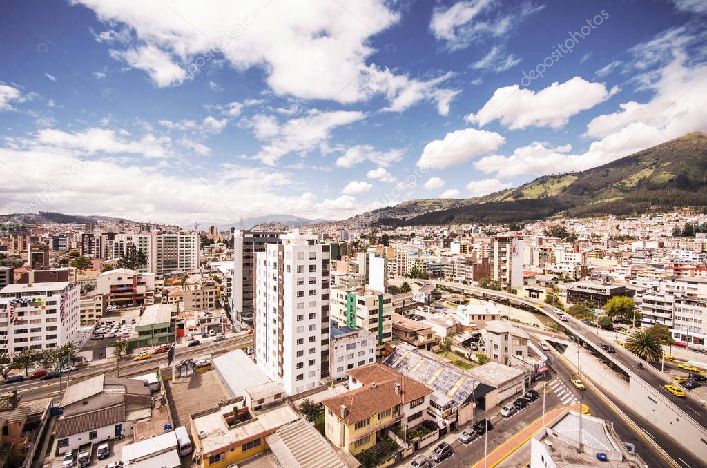 Beautiful view from modern part of Quito mixing new architecture with charming streets and green sourroundings, north part of the city of Quito