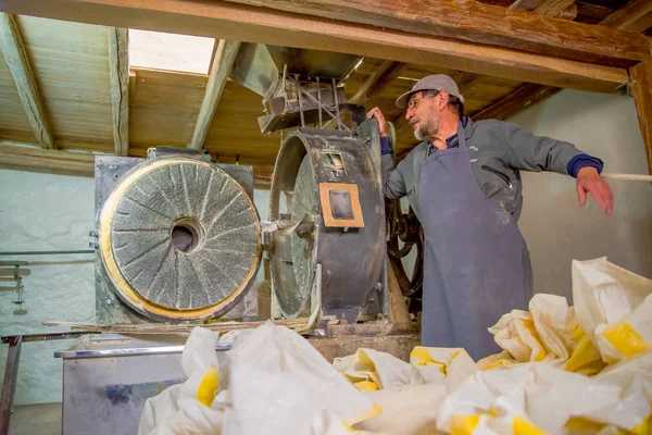 Quito, Ekvator - 23 Kasım 2016: un kapalı Quito şehir içinde bulunan üretmek için yapılan eski bir taş değirmeni fabrikasında çalışan kimliği belirsiz erkeğin