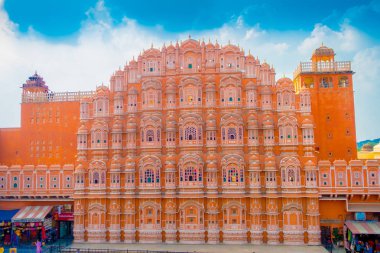 Agra, Hindistan - 20 Eylül 2017: Hawa Mahal Maharaja Jaipur, Krishna'nın taç şeklinde pembe kumtaşı inşa Sarayı kompleksinin bir beş katmanlı harem kanat olduğunu