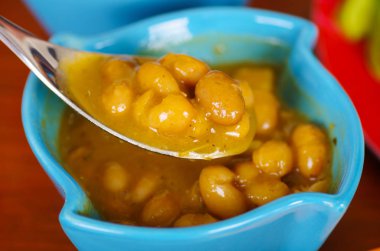 Fasulye, bir mavi plastik kase, ecuatorian mutfağı kapat