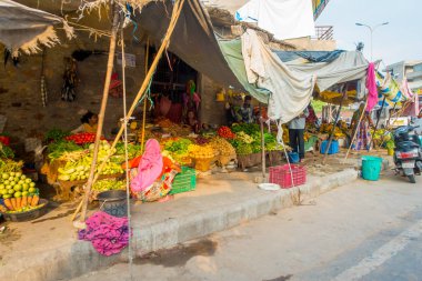 Jaipur, Hindistan - 19 Eylül 2017: Jaipur, Rajasthan sokakta meyve satan bir kadın