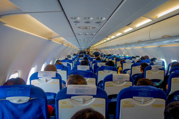 DELHI, INDIA - SEPTEMBER 19, 2017: Interior view of economy class fare seat in Air India A320. AI is a star alliance member, in India