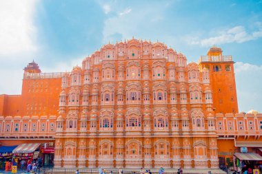 Agra, Hindistan - 20 Eylül 2017: Hawa Mahal Maharaja Jaipur, Krishna'nın taç şeklinde pembe kumtaşı inşa Sarayı kompleksinin bir beş katmanlı harem kanat olduğunu