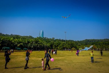 Shenzen, Çin - 29 Ocak, 2017: Lian Hua Shan içinde park, büyük rekreasyon alanı, uçurtma, güzel mavi gökyüzü ve uzun boylu ağaçlar yukarıda arka planda bina oynamaya çim üzerinde çalışan insanlar