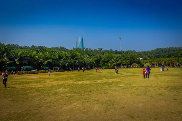 Shenzhen, Čína - 29 leden 2017: uvnitř Lian Hua Shan park, rozsáhlá rekreační oblast, lidé běží na trávě s kite, krásné modré oblohy a vysoká budova v pozadí nad stromy — Stock fotografie