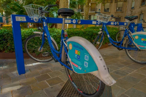 PALMA DE MALLORCA, ESPAÑA - 18 AGOSTO 2017: Bicicletas públicas de alquiler gratuitas aparcadas en un rack en Palma de Mallorca, Islas Baleares, España — Foto de Stock