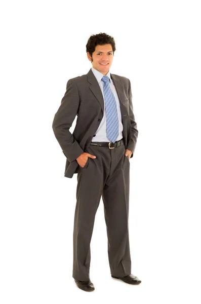 Longitud completa de un joven guapo con el pelo rizado, con un bonito traje, y posando en un fondo blanco —  Fotos de Stock