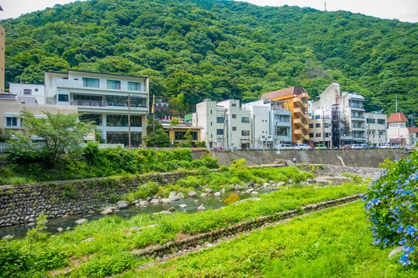 HAKONE, JAPÓN - 02 DE JULIO DE 2017: Bonita vista del río en Hakone Town con algunos edificios detrás —  Fotos de Stock