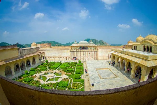 Beautiful aerial view of the garden of amber fort and rooftop in Jaipur, India, fish eye effect