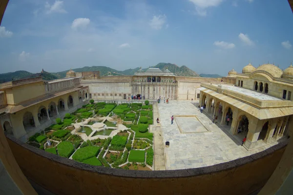 Beautiful aerial view of the garden of amber fort and rooftop in Jaipur, India, fish eye effect