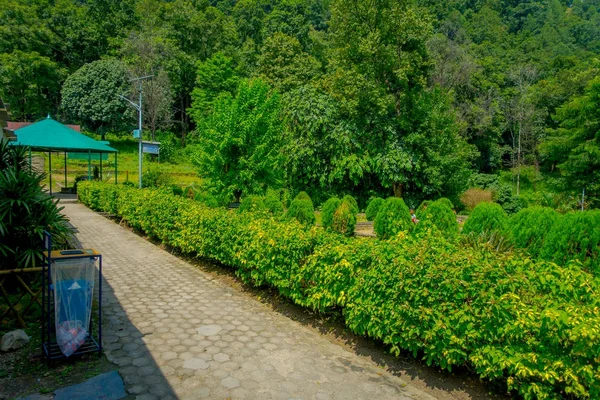 Pokhara, Nepál 10 října 2017: Krásná zahrada v enter netopýří jeskyně s sjetý cestou v Pokhara, Nepál — Stock fotografie