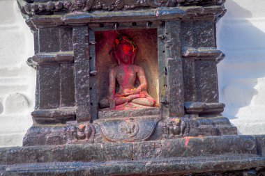 Budha, Swayambhunath havada uçmuş bir heykel, Katmandu, Nepal 15 Ekim 2017: kapat, bir antik dini kompleks Katmandu Vadisi'nde, Nepal, balık göz etkisi bir tepenin üstüne
