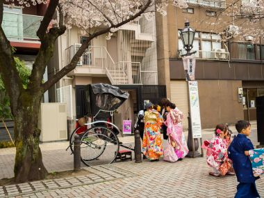 Hakone, Japonya - 02 Temmuz 2017: yürüyüş ve resimler hanami parkta kiraz çiçeği sezonunda Kyoto'da alarak kimono, kimliği belirsiz insanlar giyen
