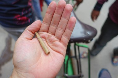 Delhi, Hindistan - 25 Eylül 2017: bir adamın sigarayla yaprak sarılı el yapımı, Paharganj yeni delhi Hindistan sokaklarında el kapat