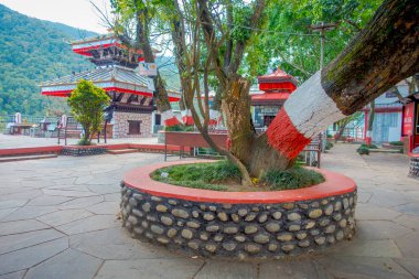 Pokhara, Nepal - 04 Eylül 2017: En önemli dini anıt Pokhara Tal Barahi Tapınağı, Merkezi Phewa gölde bulunan yakın kocaman bir ağaç ile genel jarden olan