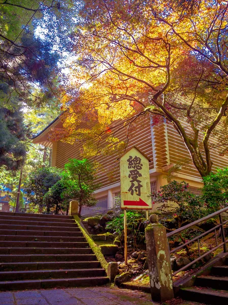 Nara, Japan - 26 juli 2017: Informativ tecken med dominera bokstäver i en park med, höstlandskap, gul, orange hösten träd och blad, färgglada bladverk i parken hösten på Kyoto — Stockfoto