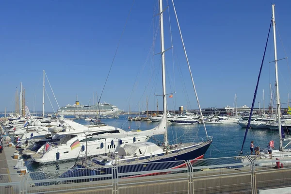 Palma De Mallorca, İspanya - 18 Ağustos 2017: Güzel liman manzaralı beyaz Yatlar Palma de Mallorca, Balear Adaları, İspanya