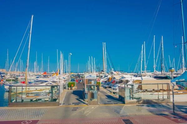 PALMA DE MALLORCA, ESPAÑA - 18 AGOSTO 2017: Personas no identificadas caminando en el puerto con yates blancos en el agua, en Palma de Mallorca, Islas Baleares, España — Foto de Stock