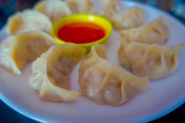 Beyaz bir tabak içinde baharatlı ve ekşi soslu tavuk Momo lezzetli Nepal Dili geleneksel snack, hizmet