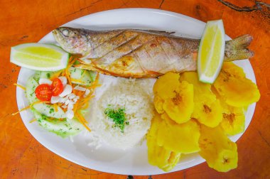 Kızarmış balık salata ile servis görünümünü, pirinç beyaz bir tabak içinde ahşap bir masaya servis