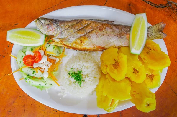 Above view of fried fish served with side salad, rice served in a white plate over a wooden table — Stock Photo, Image