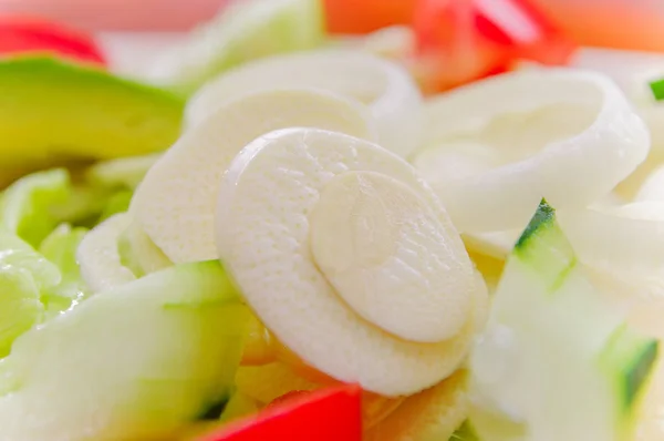 Primo piano di insalata fresca con verdure, pomodoro, cipolla, palmito, avocado e cetrioli, cibo sano — Foto Stock