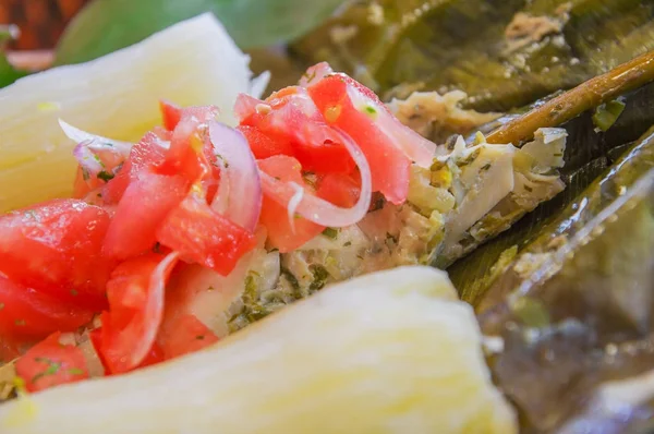 Lezzetli tipik amazonia gıda yakın çekim, Balık bir yaprak avize ve muz, domates ve soğan salata ile pişirilir, ahşap bir masa üzerinde bir ahşap panel servis