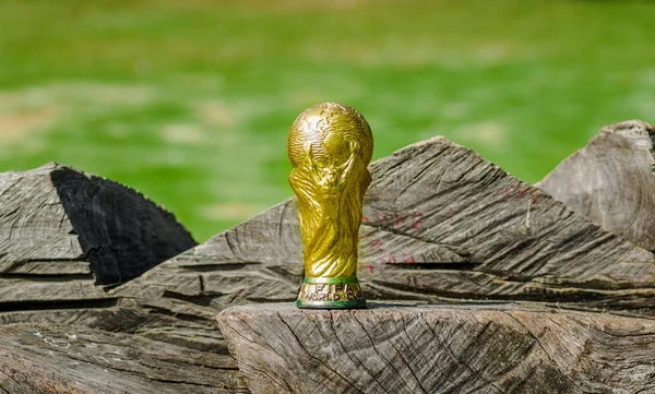 Close-up van van nep gouden trofee in de vorm van de wereld, over een houten stam in het park — Stockfoto