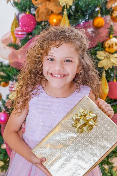 Primo piano di sorridente ragazza riccia indossa un abito rosa e tenendo in mano un enorme regalo, con un albero di Natale dietro, Natale e concetto di nuovo anno — Foto Stock