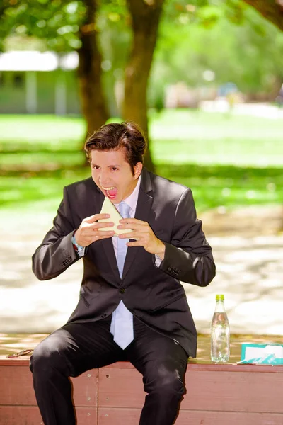 Bonito jovem empresário vestindo um terno e fazendo uma enorme mordida comendo um sanduíche ao ar livre, em um fundo de parque borrado — Fotografia de Stock