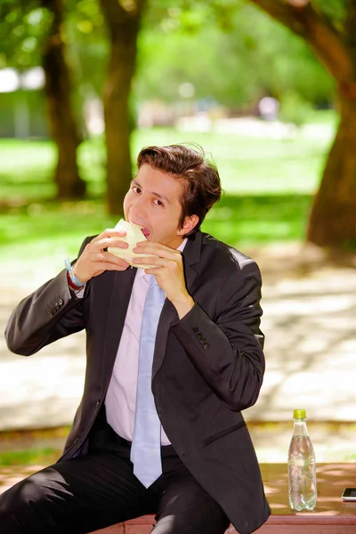 Красивый молодой бизнесмен в костюме и ест сэндвич на открытом воздухе, на фоне размытого парка — стоковое фото