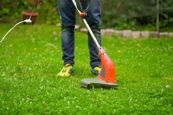 Close up van jonge werknemers met een tekenreeks gazon rietenknipper maaier snijden gras op een achtergrond wazig natuur — Stockfoto