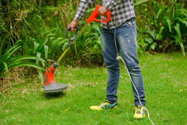 Unga arbetstagare klädd i jeans och långärmad tröja och med en gräsmatta trimmer klipparen klippa gräs i en suddig natur bakgrund — Stockfoto