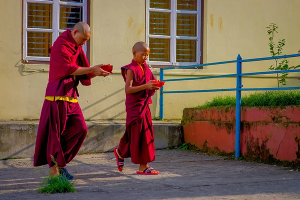 Pokhara, Nepal - 06 Ekim 2017: ellerinde kırmızı bir kase tutarak ve açık havada, Tashi mülteci yerleşim Pokhara, Nepal, yürüyüş tanımlanamayan Budist keşiş teenarger — Stok fotoğraf