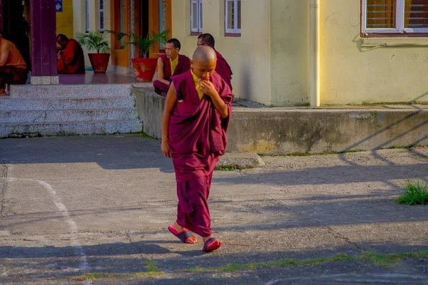 POKHARA, NEPAL - OCTOBER 06 2017: Unidentified Buddhist monk teenager walking in the patio at outdoors at the Tashi refugee settlement in Pokhara, Nepal — Stock Photo, Image