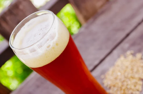 Close up de copo de cerveja com um fundo de natureza turva — Fotografia de Stock