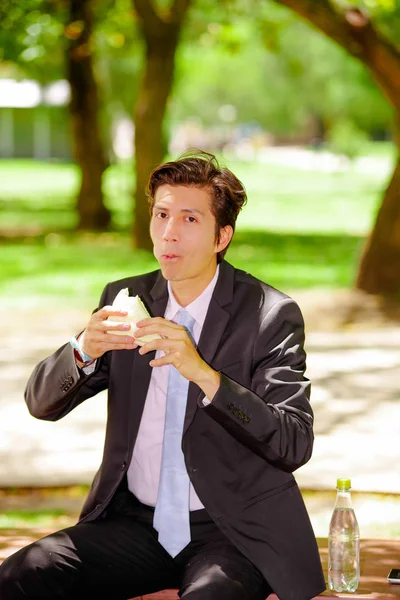 Bonito jovem empresário vestindo um terno e segurando um sanduíche ao ar livre, em um fundo de parque borrado — Fotografia de Stock