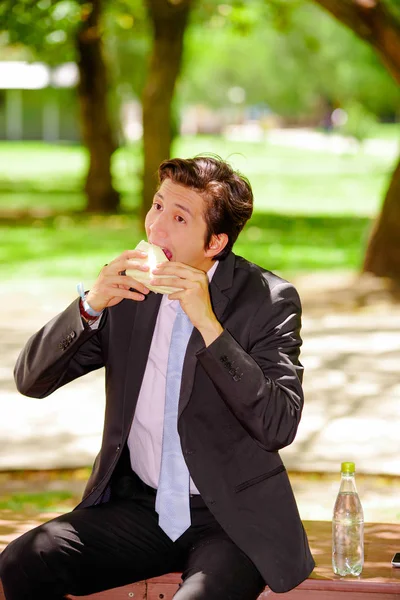 Przystojny młody biznesmen w garniturze i jedzenie kanapka na zewnątrz, w tle niewyraźne park — Zdjęcie stockowe