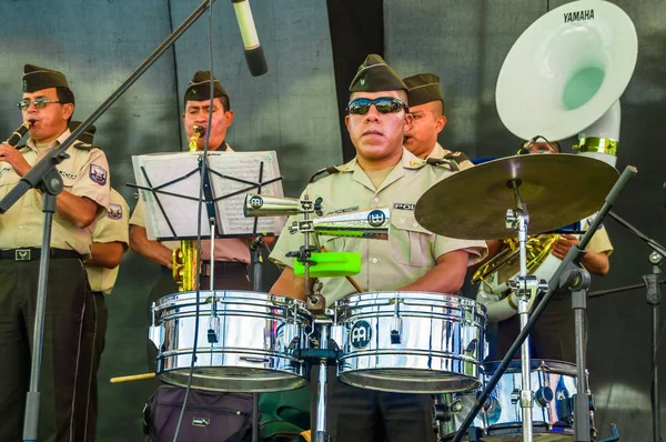 Кито, Эквадор - 28 ноября 2017 года: Крупный план неизвестных музыкантов, выступающих на эшафоте в парке Каролины в городе Кито — стоковое фото