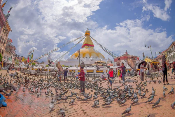 Катманду, Непал 15 жовтня 2017: Невідомі люди ходьба і годування голубів перед величезний дзвоник під камінням золоті структури в Катманду ступа Boudhanath в Boudha міста, Непал, риба — стокове фото