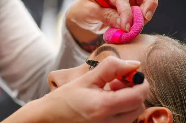 Retrato de belo rosto de mulher jovem ficando maquiagem. A artista está a aplicar rímel nos olhos. A senhora fechou os olhos com relaxamento — Fotografia de Stock