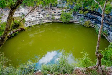 Bir gölet güzel açık manzarasına denilen hipotermik Xtoloc Chicen Itza, Yucatan, Meksika, balık göz etkisi bulunmaktadır.