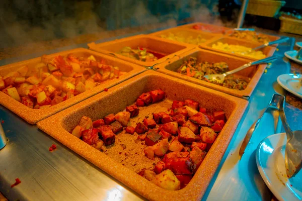 Delicious food inside of plastic trays served at traditional Mayan restaurant , Playa del Carmen, Mexico — Stock Photo, Image