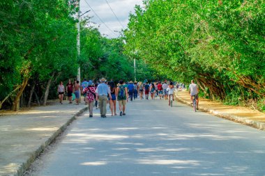 Tulum, Meksika - 10 Ocak 2018: Kalabalık bir ekolojik yol Quintana Roo, Yucatan Yarımadası, Meksika içinde bir tulum Maya harabelerini doğanın çevreleyen içinde yürüyen insan
