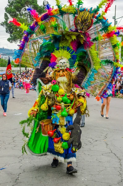 Quito, Equador - 31 de janeiro de 2018: Vista ao ar livre de pessoas não identificadas vestindo trajes coloridos e andando pelas ruas durante o desfile na cidade de Quito Festividades — Fotografia de Stock