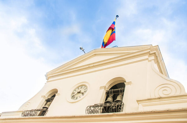 QUITO, ECUADOR, JANUARY, 11-2018: Carondelet Palace is the station of the Republic of Ecuador, located in Quito in the Fendence Square Plaza Grande
