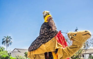 Quito, Ekvator - 11 Ocak 2018: kimliği belirsiz biri sahte bir deve sürme ve Quito, Ekvator içinde geçit töreni sırasında sokaklarda yürüyüş bilgeler giyinen kapat