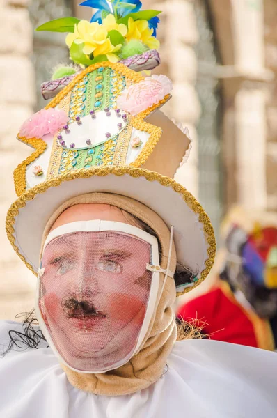 Quito, Ekvator - 11 Ocak 2018: Kimliği belirsiz kişi maske takıyor ve Quito, Ekvator kentinde bir geçit töreni sırasında sokaklarda yürüyüş portresi