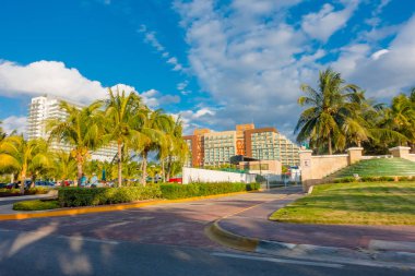 CANCUN, MEXICO - JANUARY 10, 2018: Outdoor view of the enter of Hard Rock Cafe in Cancun at the Forum center in Cancuns hotel zone clipart