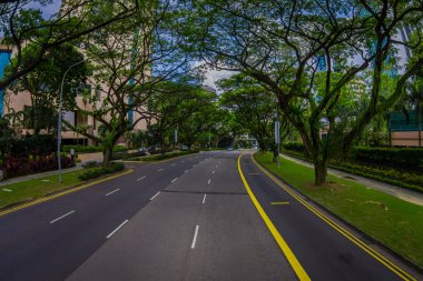 Singapore, Singapur - 30 Ocak. 2018: arabalar circuling ağaçların genel yerleşim Condominium karmaşık ve şehir silueti Kallang mahalle, Bina bir yol çevreleyen içinde muhteşem görünümü
